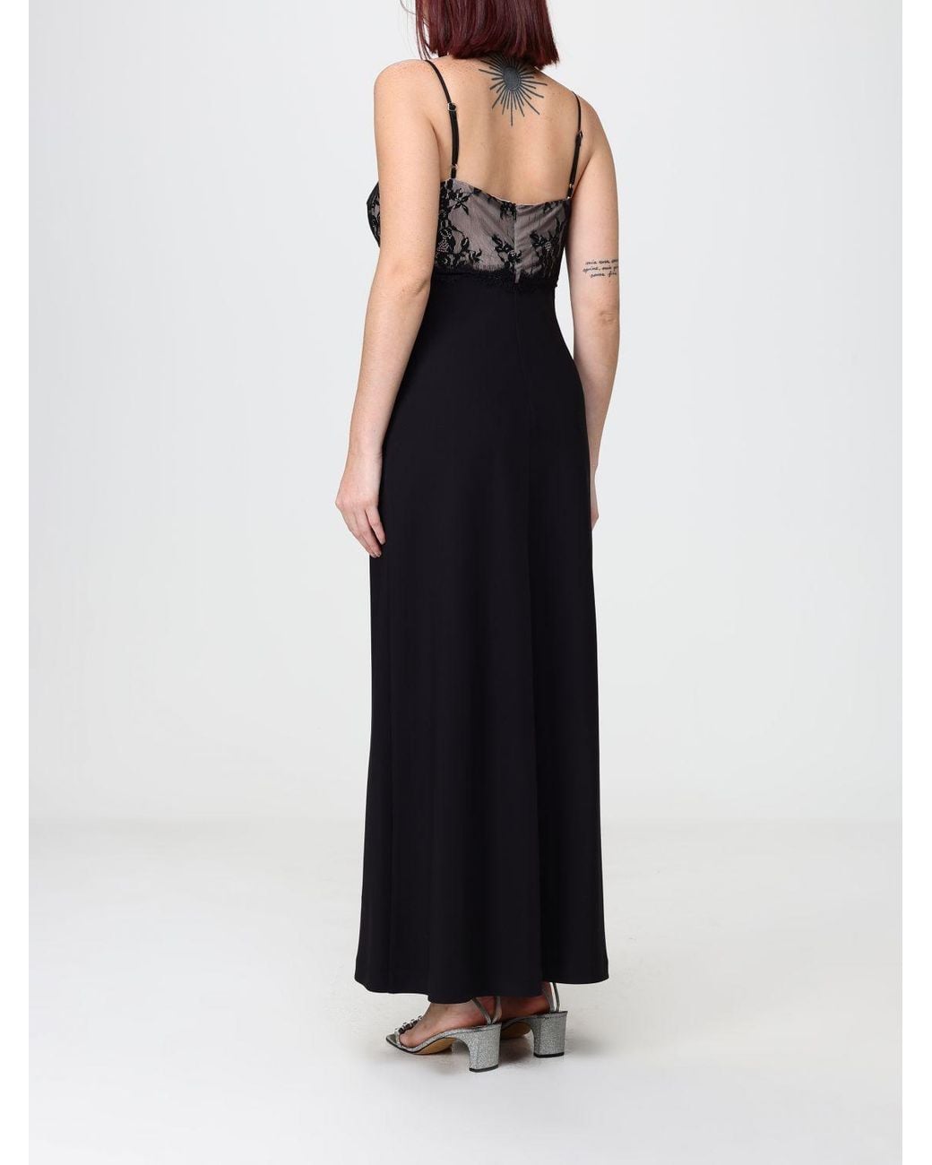 Hanita Black Crêpe Sheath Midi Dress With Lace Inserts And V-Neck