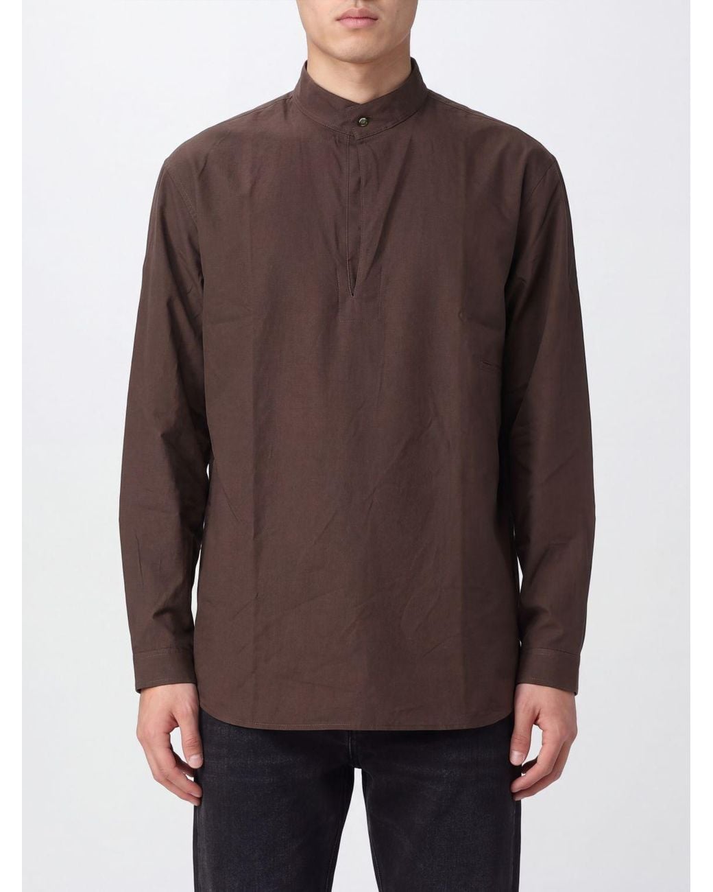 Lemaire Brown Mandarin Collar Long-Sleeved Shirt for men