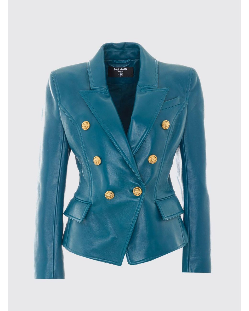 Balmain Blue Double-Breasted Lambskin Leather Blazer With Peak Lapels And Padded Shoulders