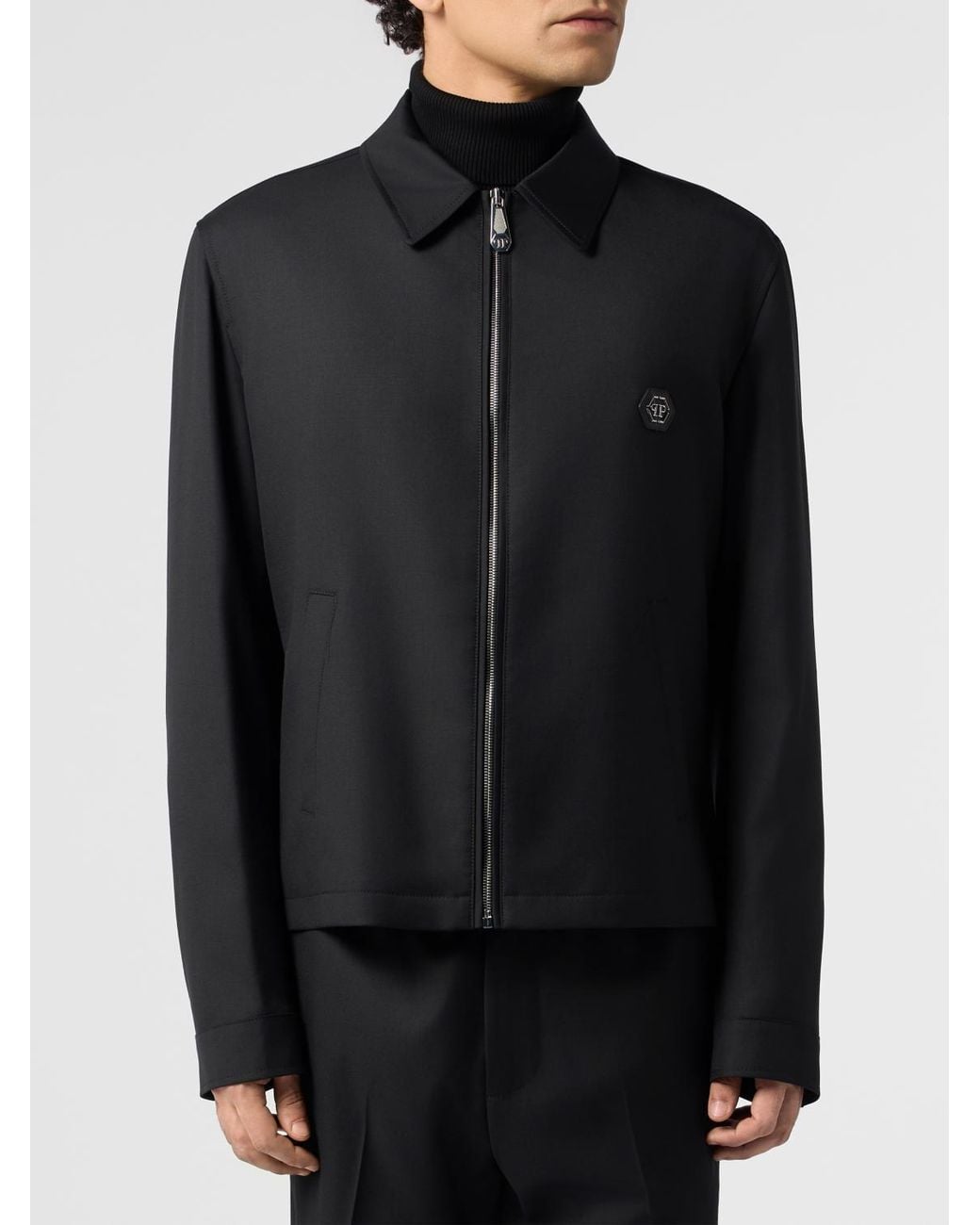 Philipp Plein Black Hexagon Monogram Wool Blend Shirt Jacket for men
