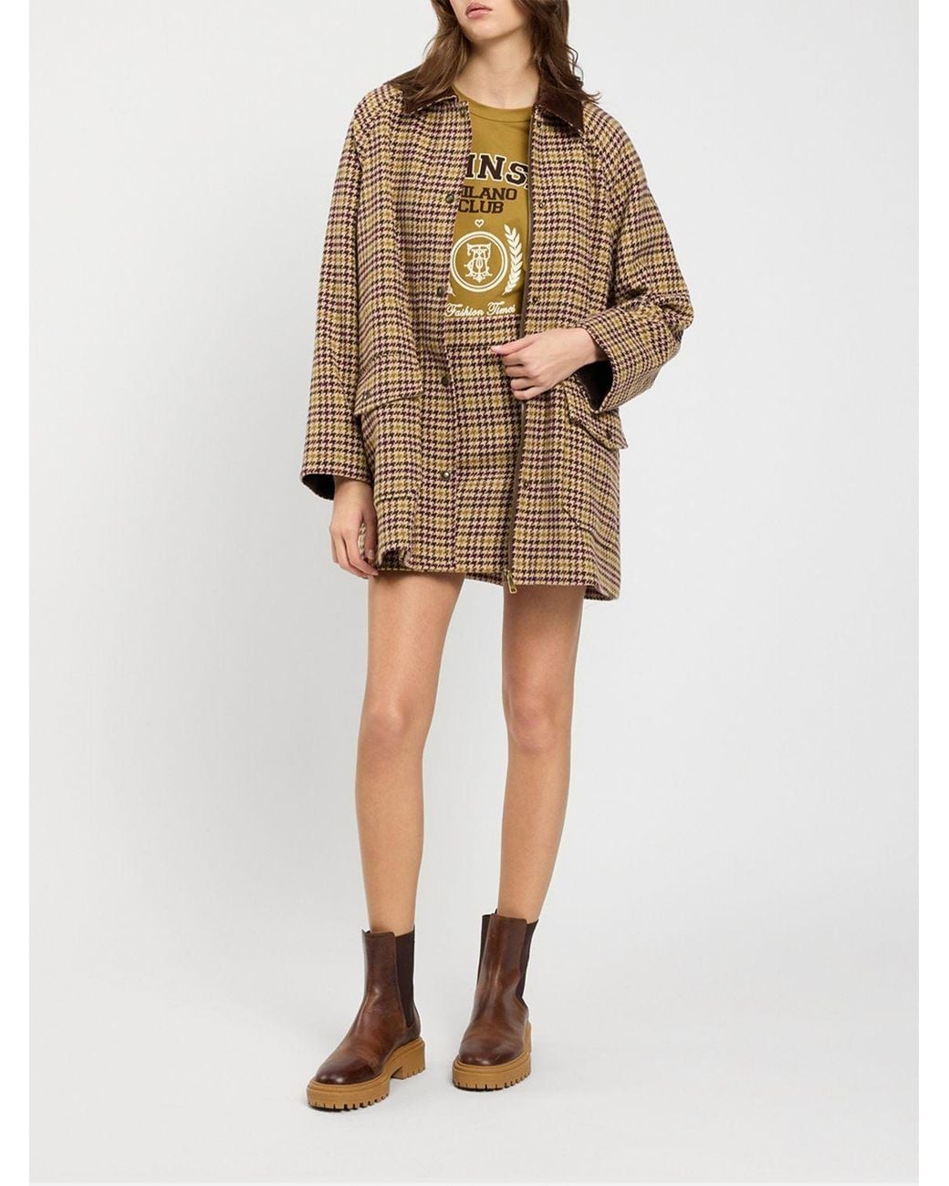 Twinset Natural Single-Breasted Short Houndstooth Wool Blend Coat With Velvet Collar