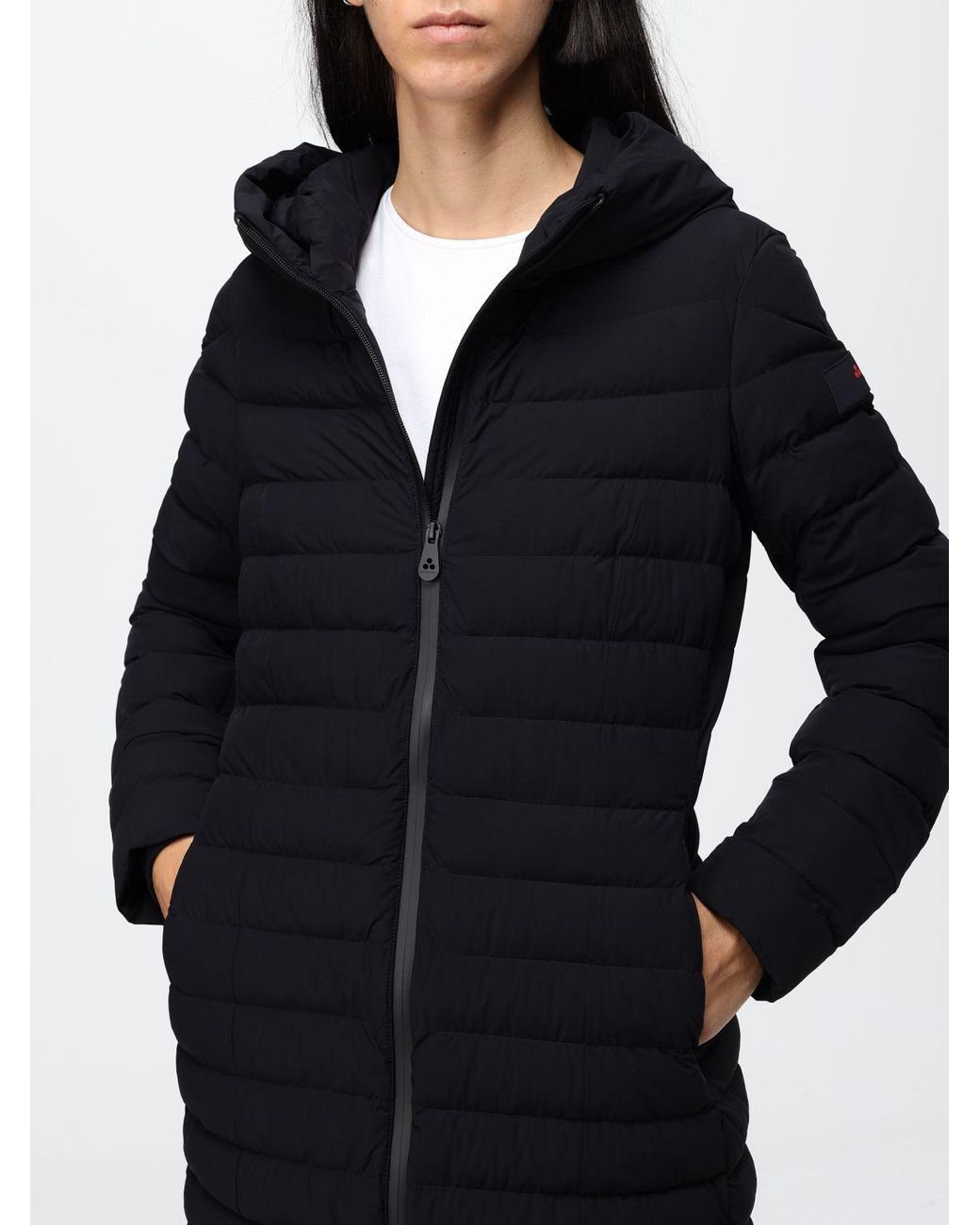 Peuterey Blue Knee-Length Quilted Nylon Down Jacket With Hood And Zip Closure
