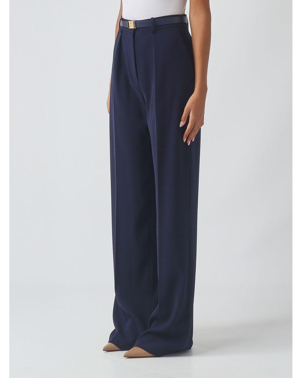 Elisabetta Franchi Blue High-Waisted Wide-Leg Crêpe Trousers With Logo Belt