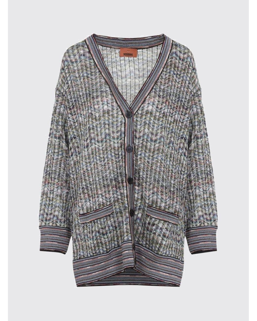 Missoni Gray Multicolour Zig-Zag Lurex Long Cardigan With Patch Pockets