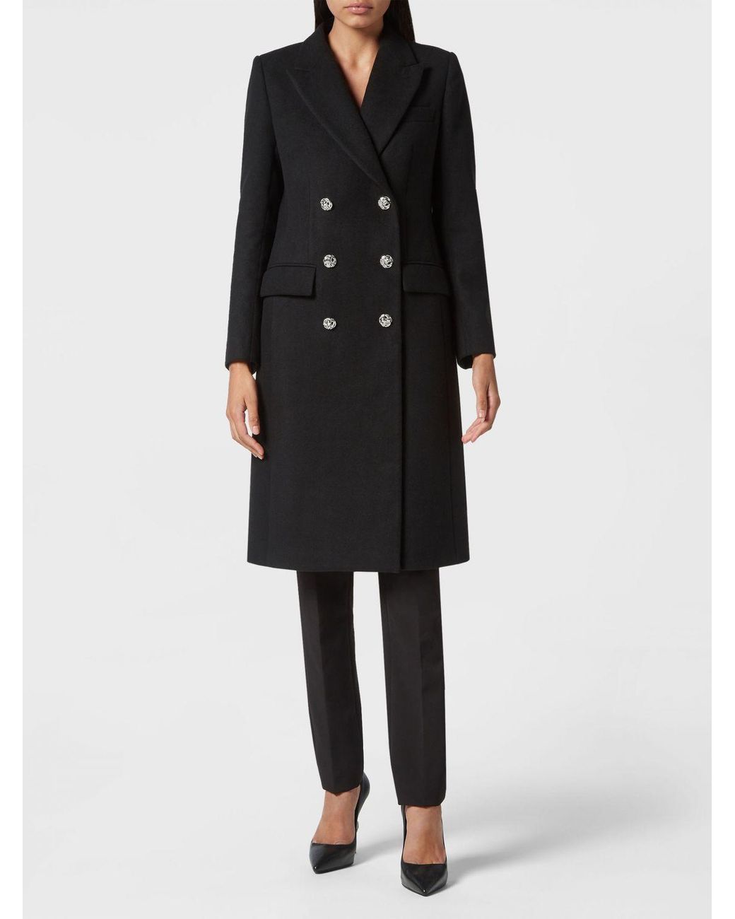 Philipp Plein Black Double-Breasted Knee-Length Wool Coat