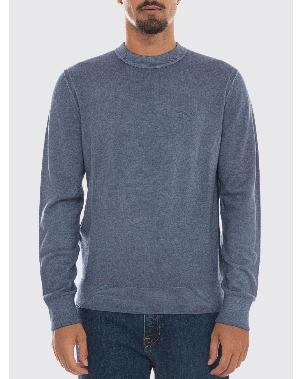 Boss Blue Long-Sleeved Crew Neck Jumper for men