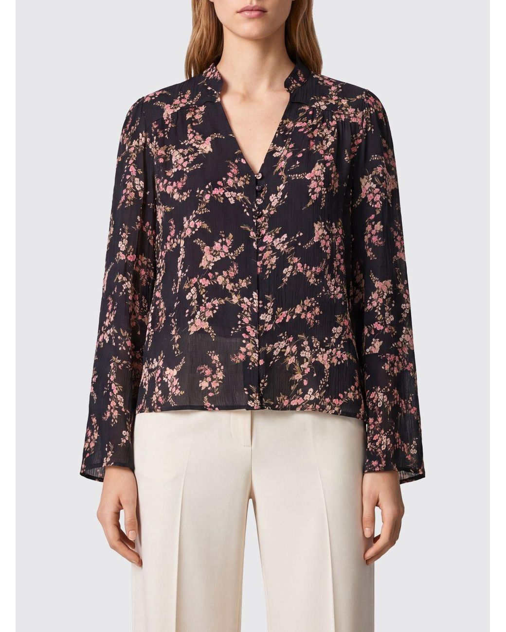 Twinset Black Floral Print Viscose Shirt With V-Neck