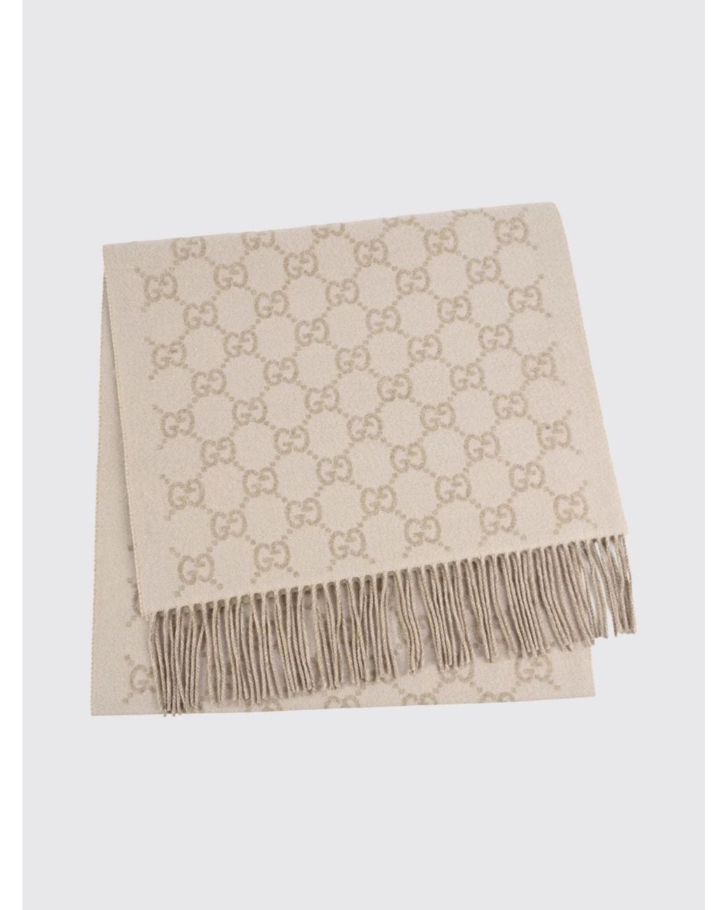 Gucci Natural Gg Monogram Pure Cashmere Scarf With Fringed Edges