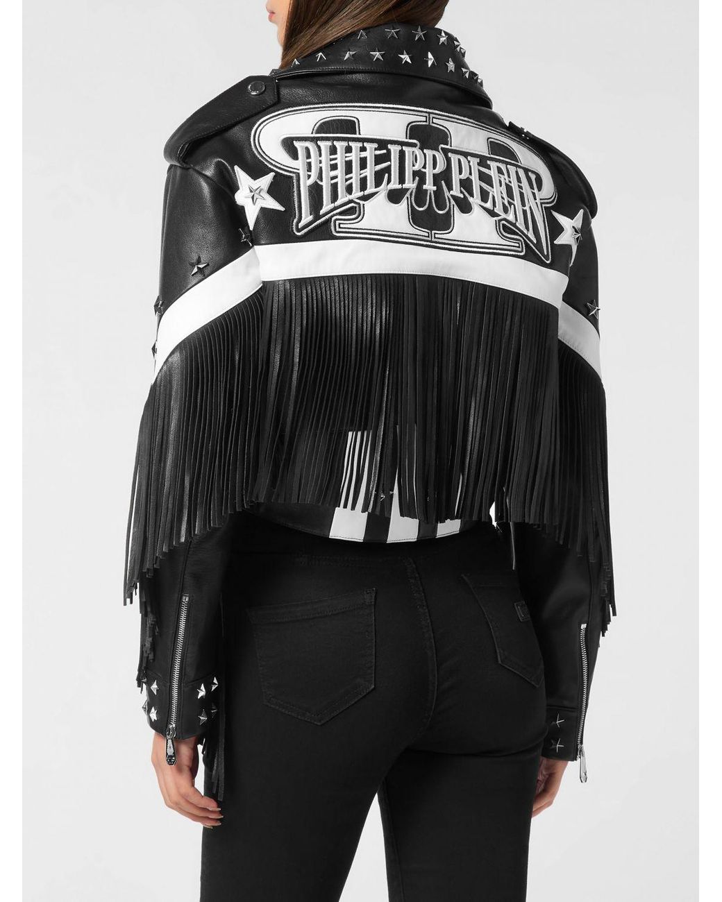 Philipp Plein Black Leather Biker Jacket With Fringes And Contrast Studs