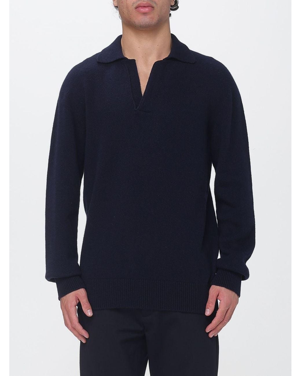 Laneus Blue Long-Sleeved Merino Wool And Cashmere Knit Polo for men
