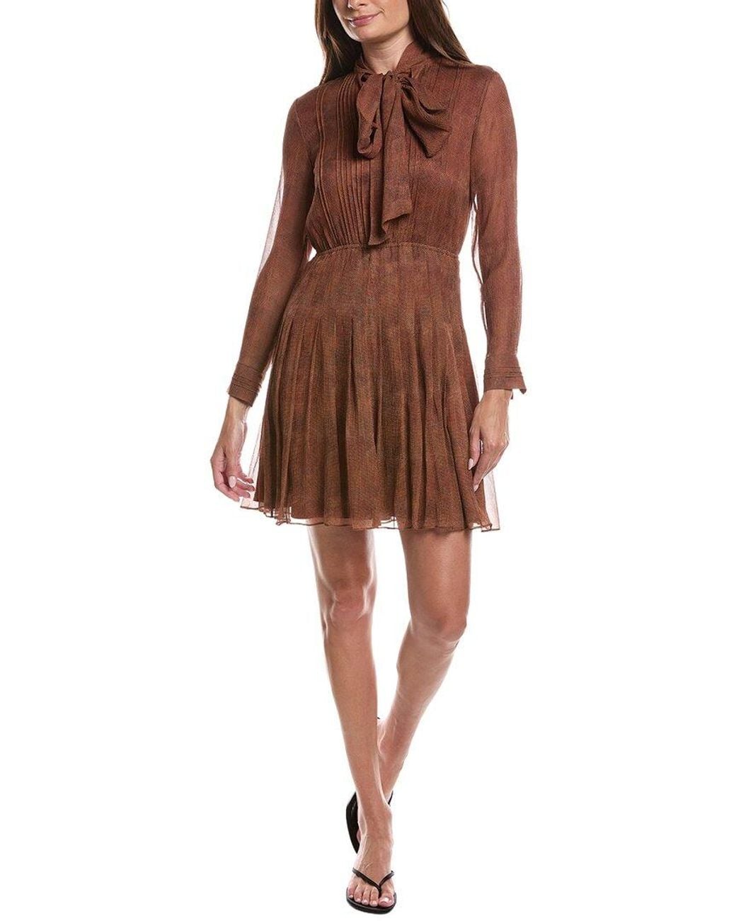 Lafayette 148 New York Brown Pintuck Bow Silk Dress