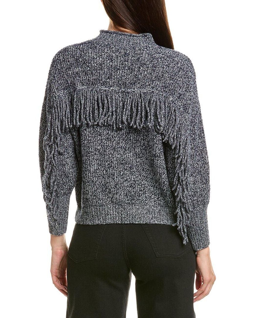 Hannah Rose Gray Merino Wool Marled Fringe Mock Neck Sweater