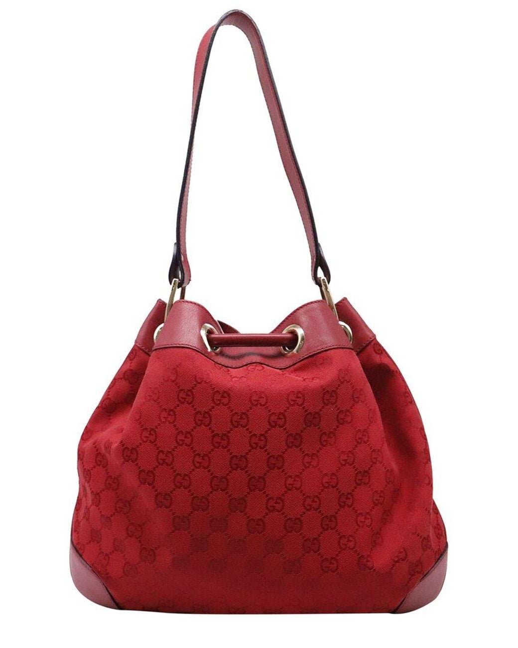 Gucci Red Burgundy Canvas Gg Monogram Drawstring Bucket Shoulder Bag (Authentic Pre-Loved)