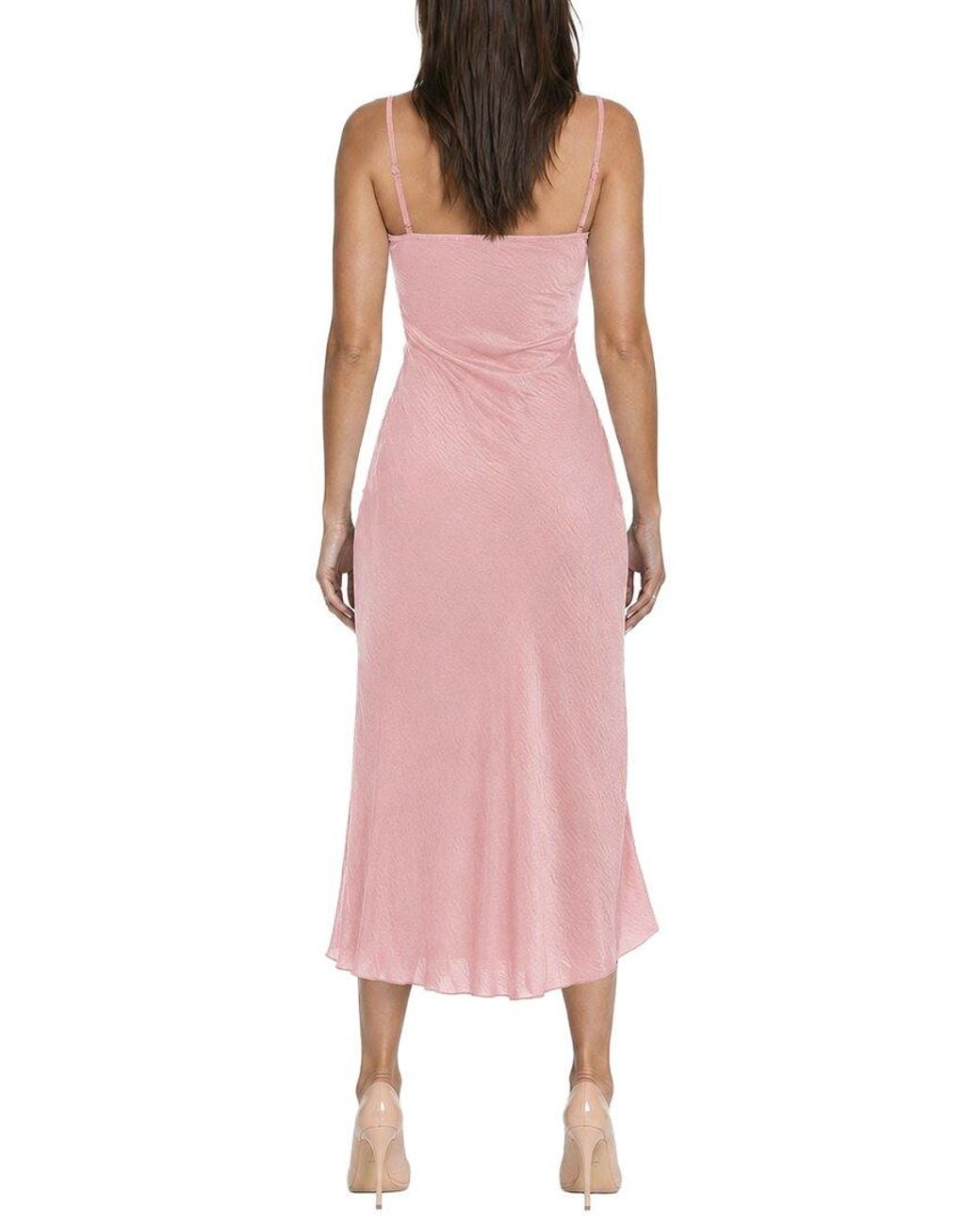 Bebe Pink Crushed Satin Cowl Side Shirred Midi Dress