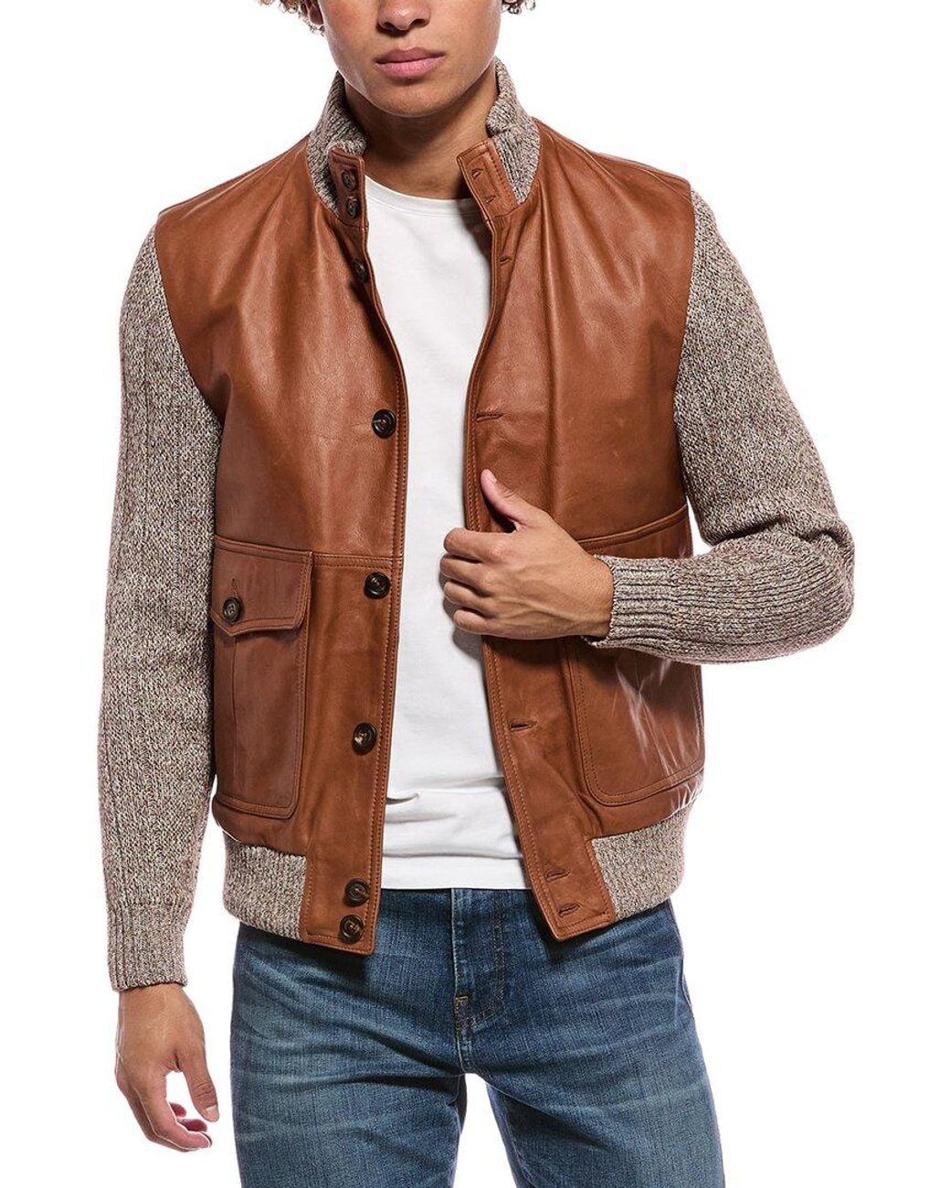 Eleventy Brown Leather Linen-Blend Jacket for men
