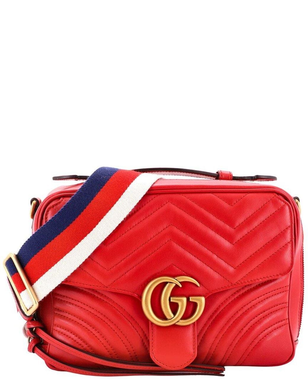 Gucci Red Matelasse Leather Gg Marmont Zip Around Camera Bag Small (Authentic Pre-Loved)