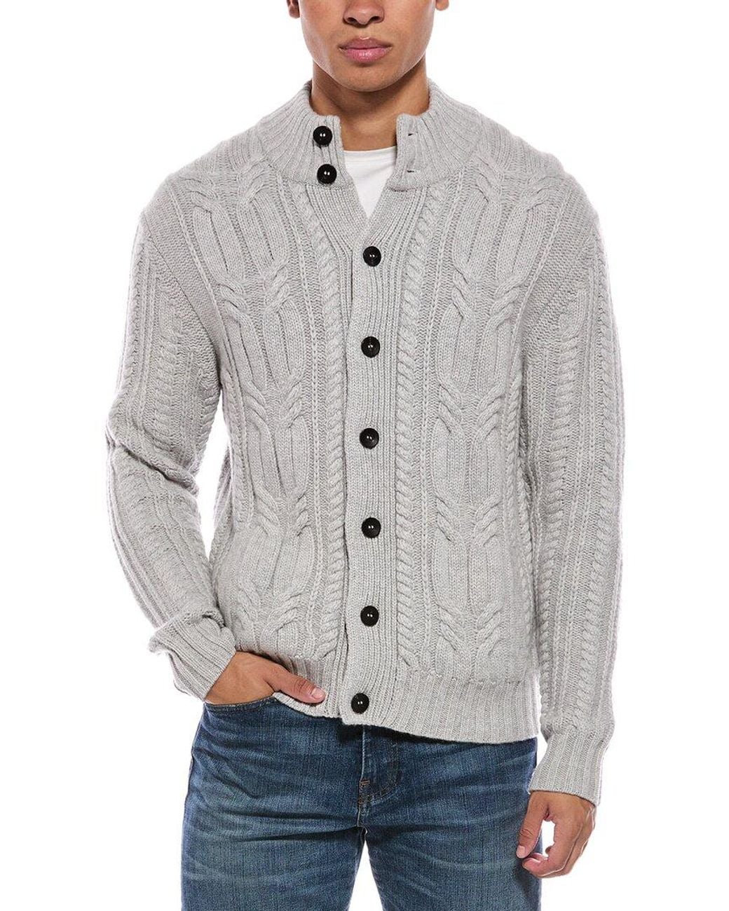 N.Peal Cashmere Gray Oversized Cable 100% Cashmere Mock Neck Cardigan for men