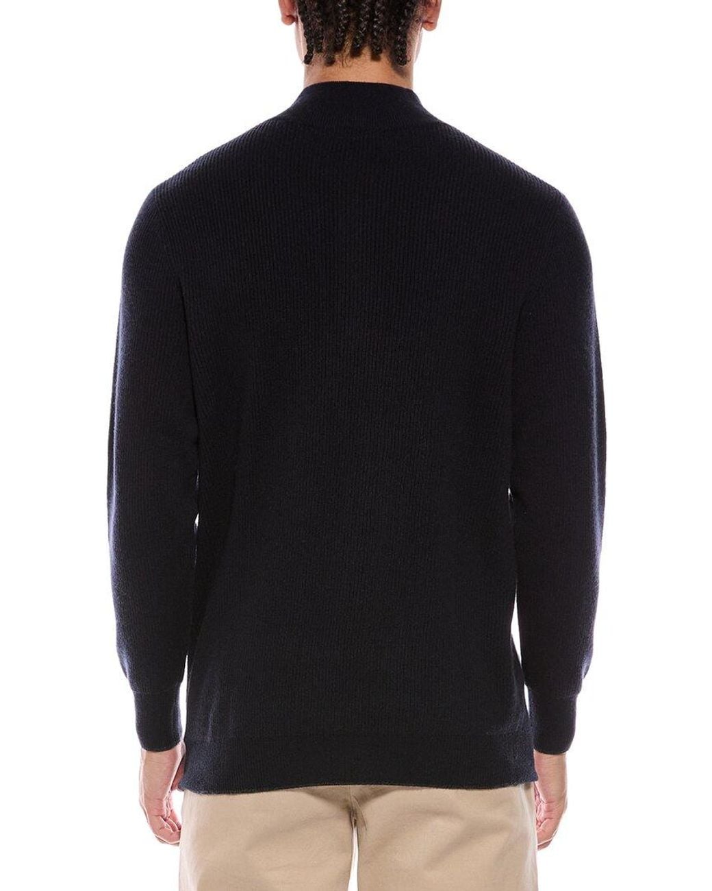 N.Peal Cashmere Blue Ribbed 1/2-Zip 100% Cashmere Mock Neck Sweater for men