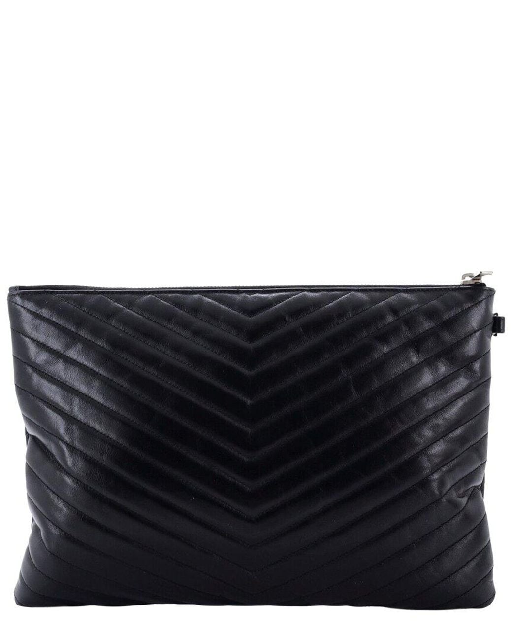 Saint Laurent Black Matelasse Chevron Leather Classic Monogram Wristlet Pouch Medium (Authentic Pre-Loved)
