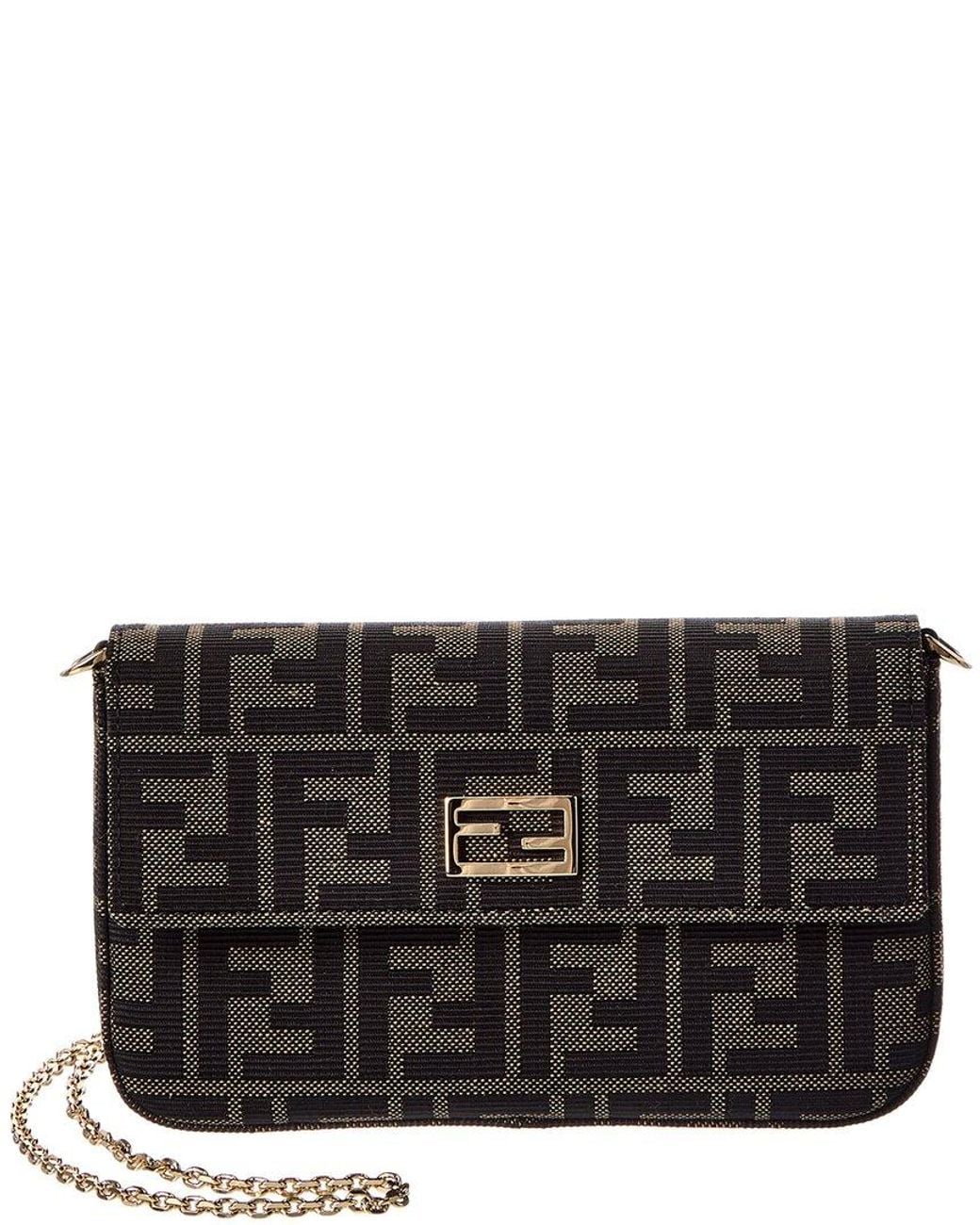 Fendi Black Tube Ff Jacquard & Leather Compact Wallet On Chain