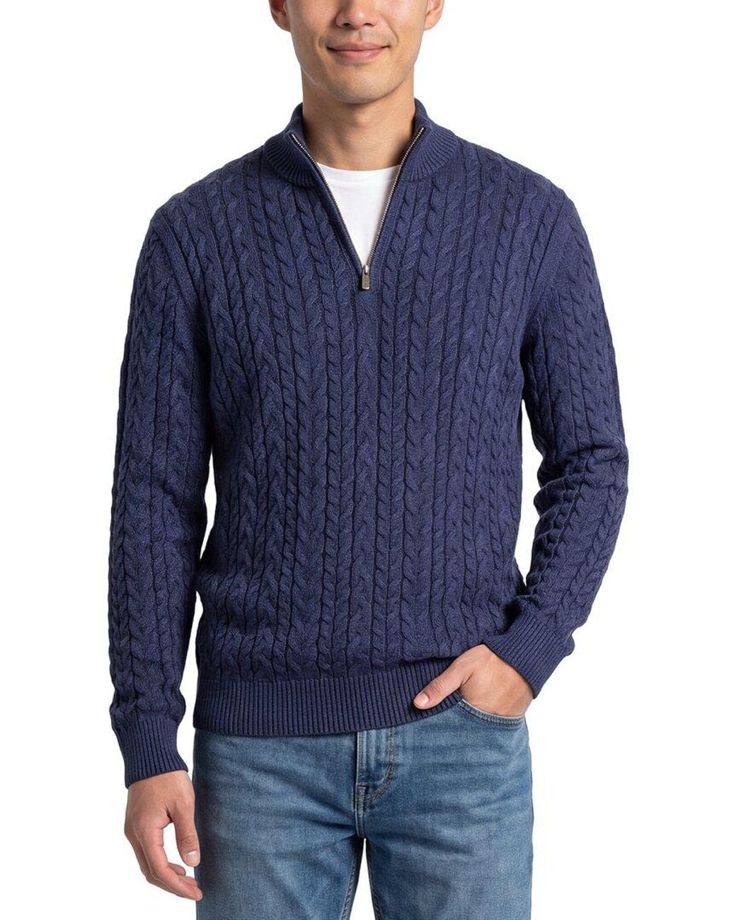 Raffi Blue Cable 1/4-Zip Mock Neck Sweater for men