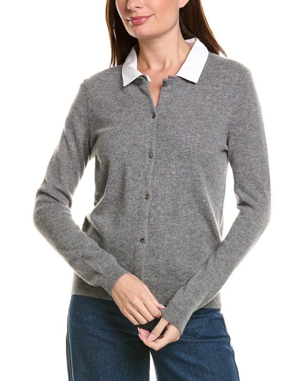 InCashmere Gray Removable Collar 100% Cashmere Cardigan