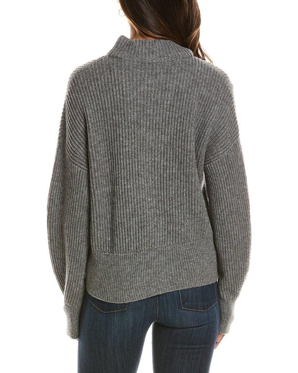 Forte Gray Rib Zip Mock Neck 100% Cashmere Cardigan