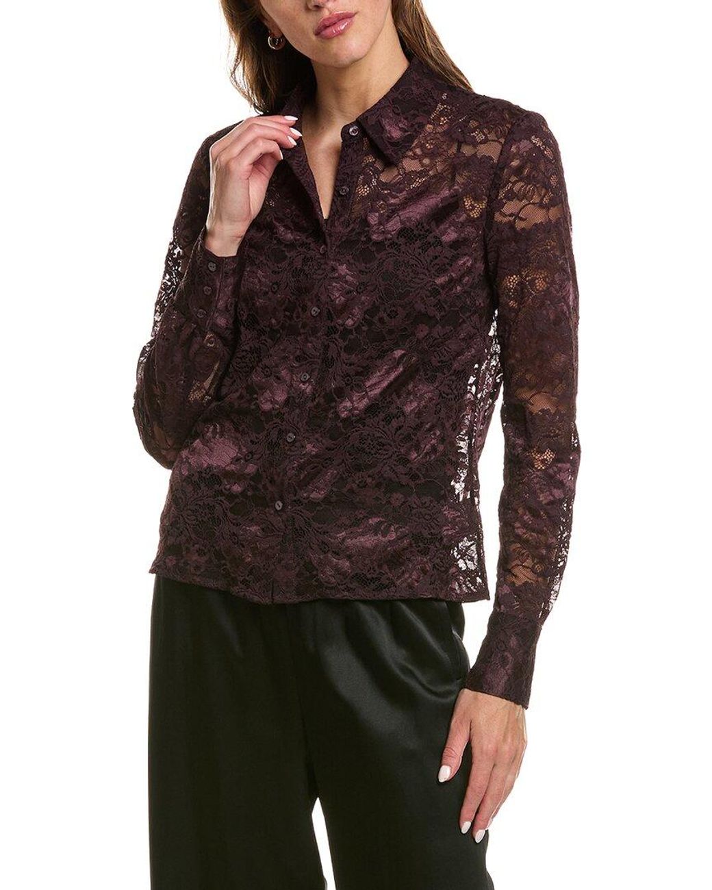L'Agence Brown Maia Lace Button-Down Blouse