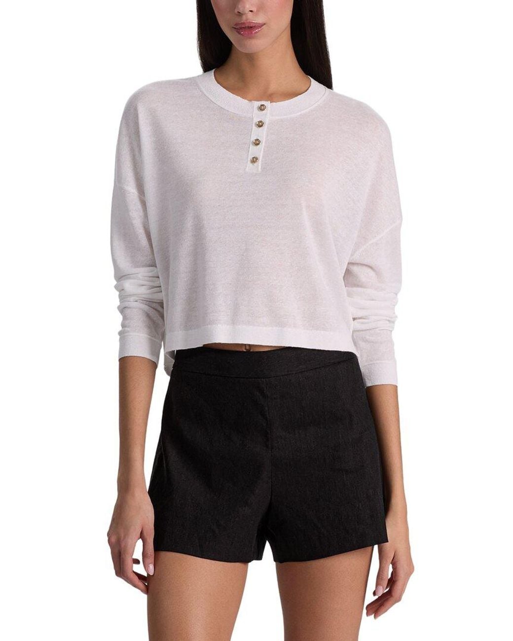 Alice + Olivia White Alaina Easy Cropped Henley Top