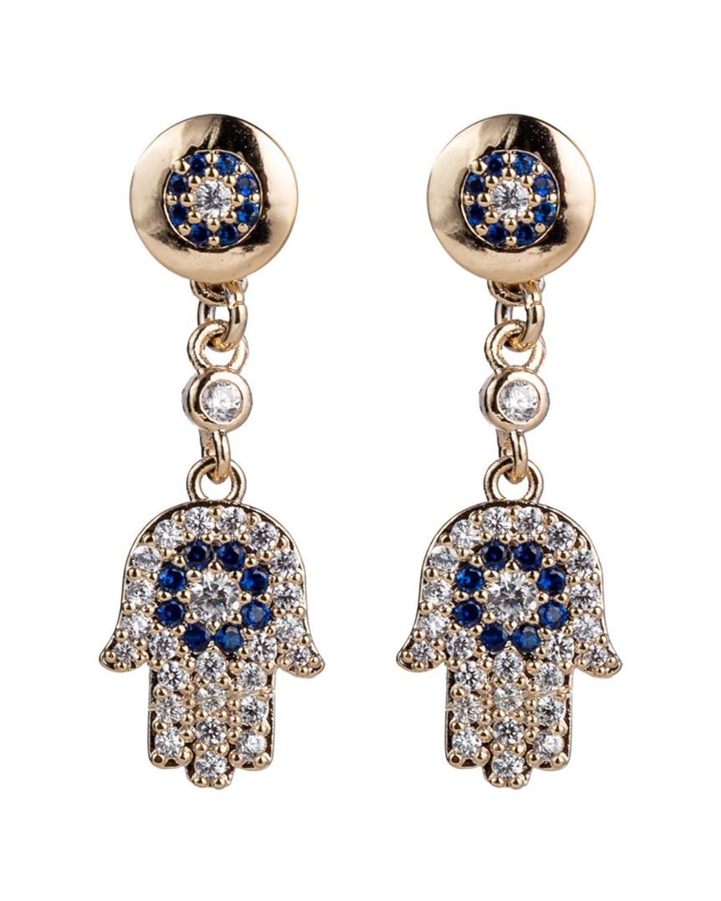 Eye Candy LA Blue 18k Gold Plated Cz Crystal Hamsa Dangle Earrings