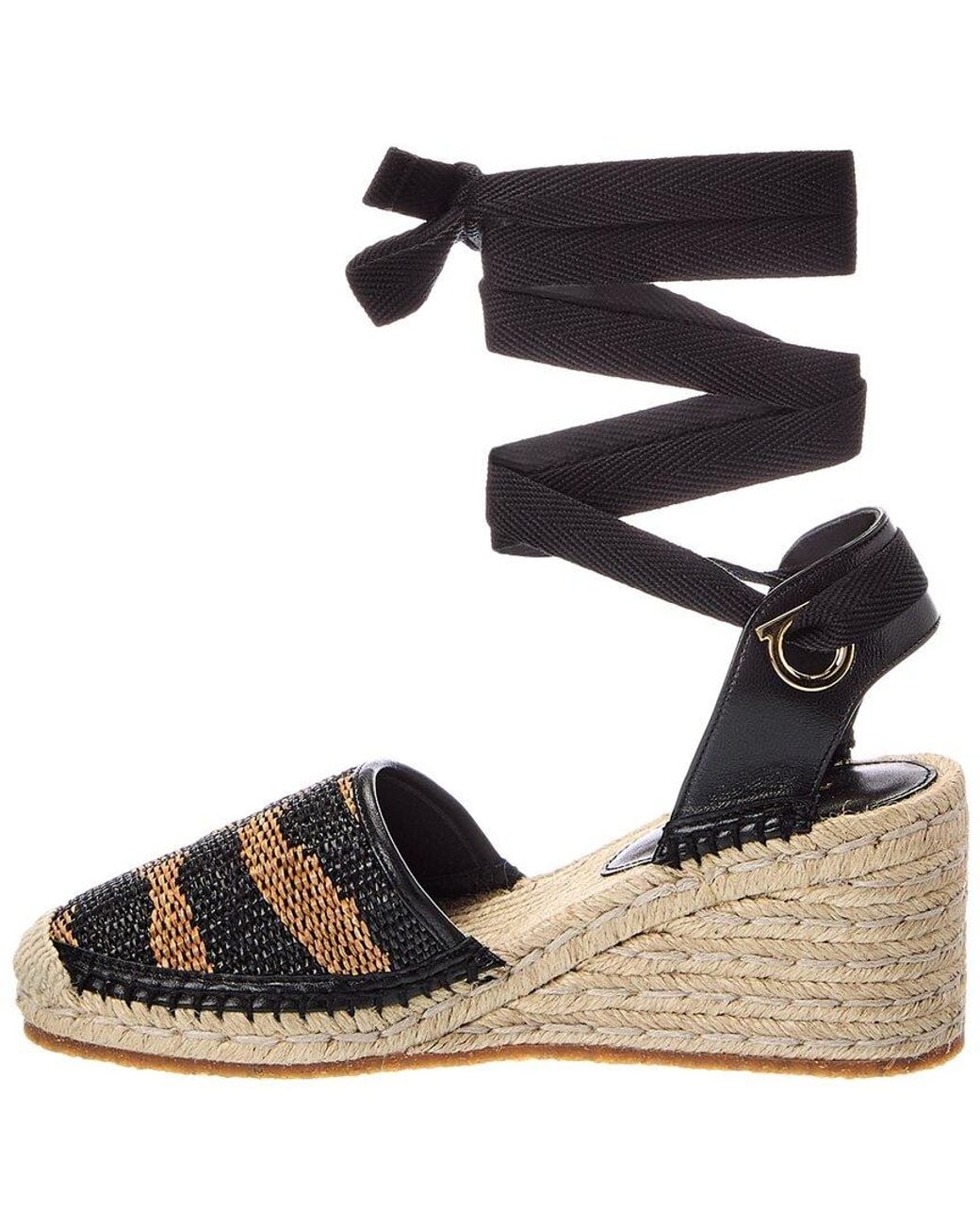 Ferragamo Black Leather & Raffia Espadrille