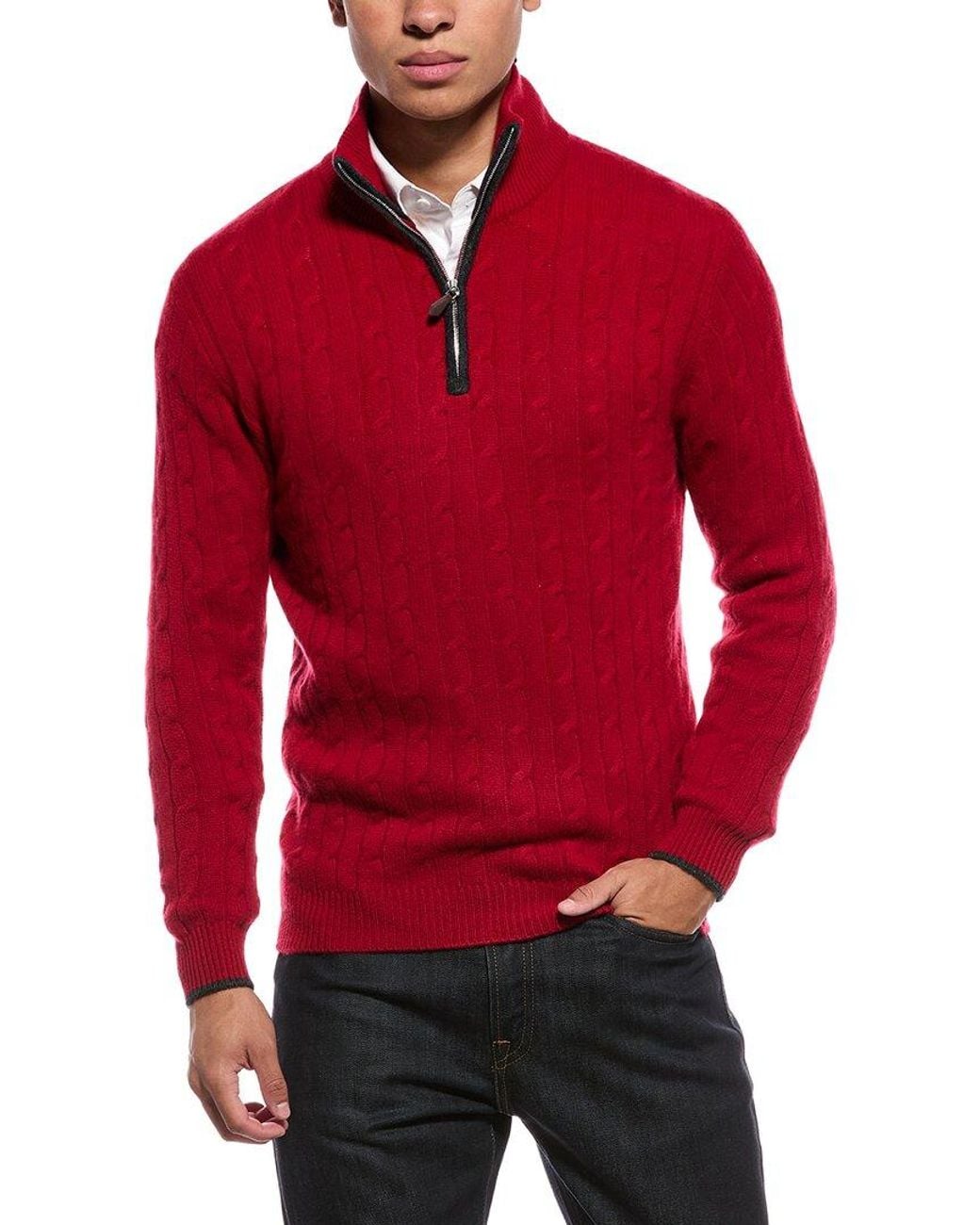 N.Peal Cashmere Red Albemarle Cable Cashmere 1/2-Zip Sweater for men