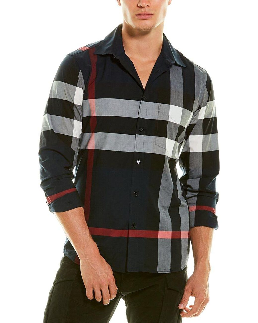 Burberry Check Stretch Cotton Poplin Shirt in Black for Men | Lyst