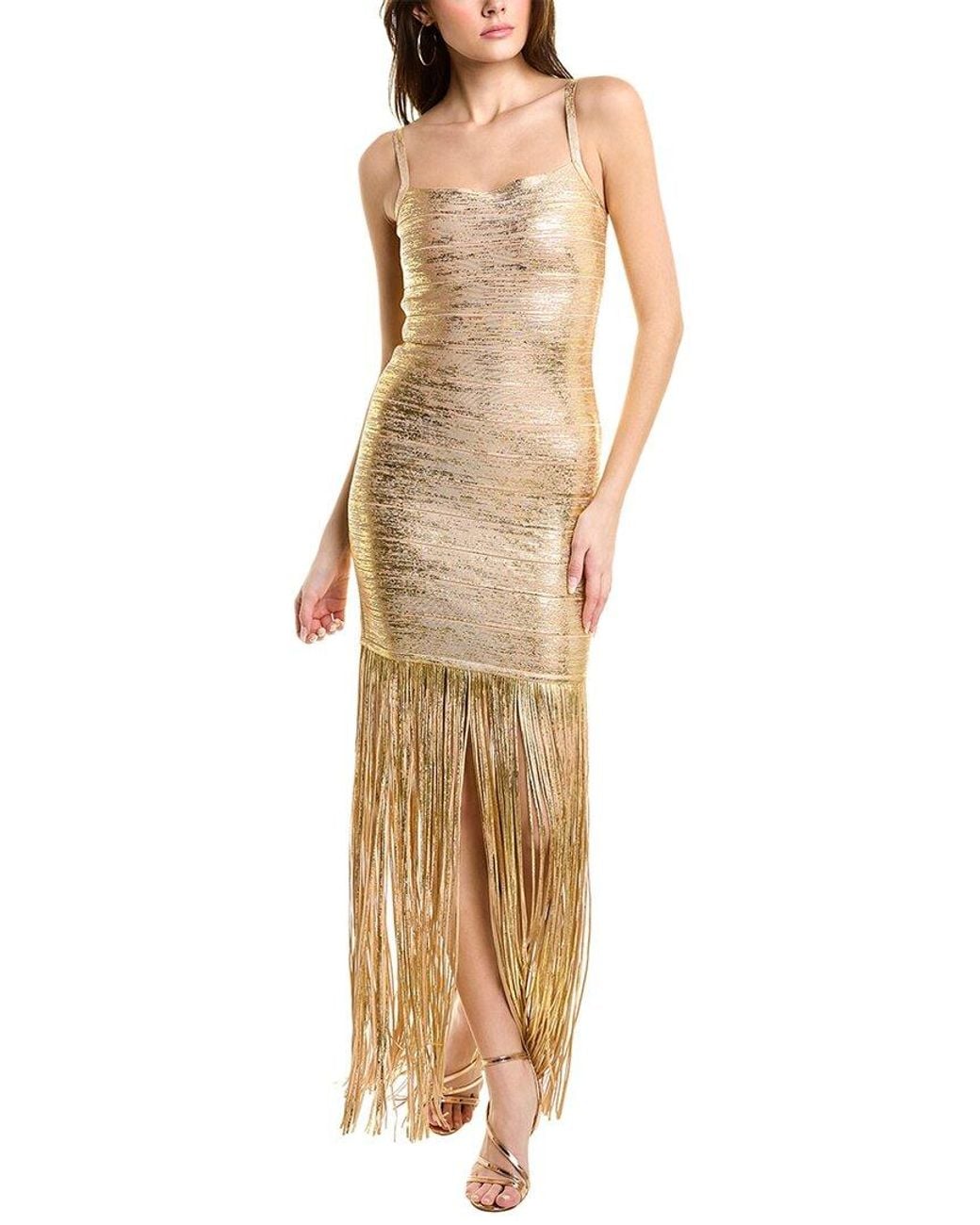 Herv Lger Herve Leger Banded Foil Fringe Gown in Metallic | Lyst
