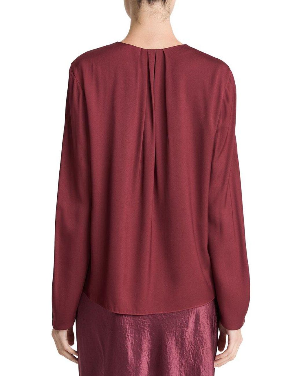 Vince Red Pleated Neck Silk-Blend Blouse