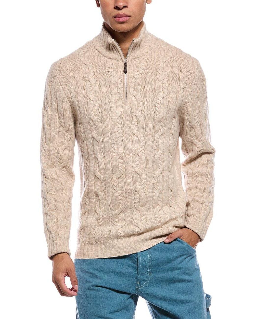N.Peal Cashmere Natural Textured Cable 1/2-Zip 100% Cashmere Mock Neck Sweater for men