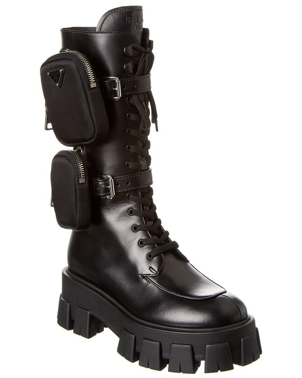 Prada Monolith Leather Boot in Black | Lyst