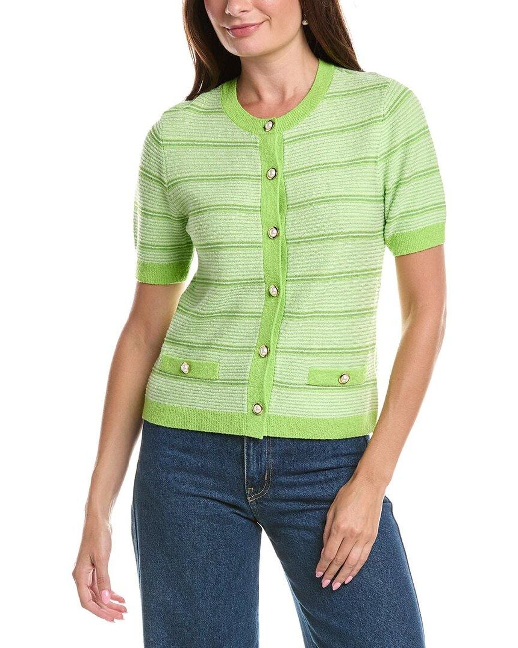St. John Green Striped Wool-Blend Cardigan