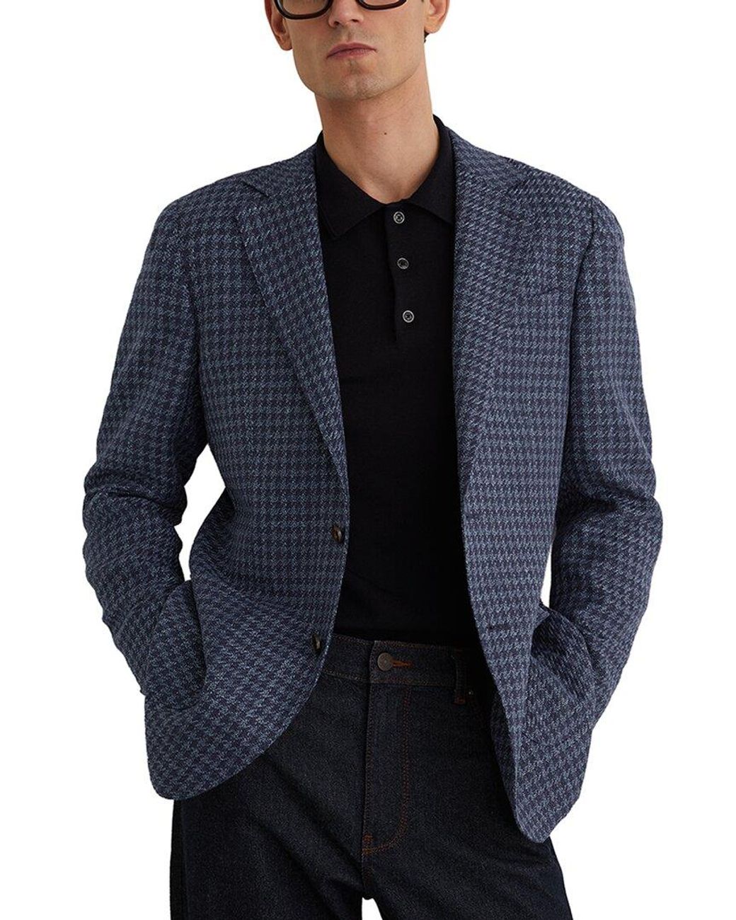 Reiss Blue Romana Notch Dogtooth Linen & Wool-Blend Formal Jacket for men