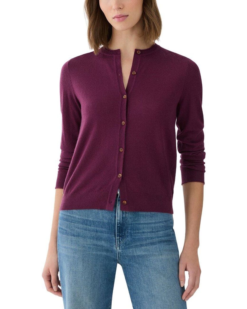 Lafayette 148 New York Purple Crewneck Button Front 100% Cashmere Cardigan