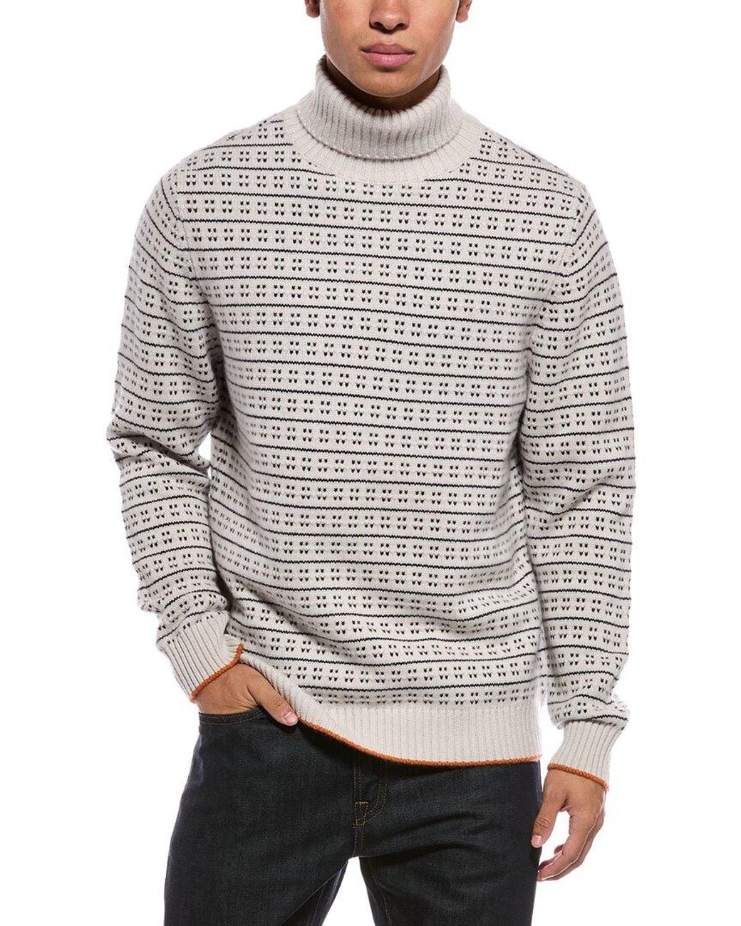 N.Peal Cashmere Gray Pattern Stitch 100% Cashmere Roll Neck Sweater for men