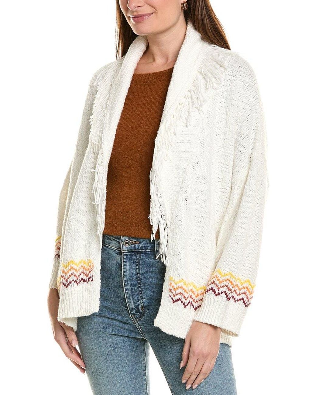 Autumn Cashmere White Cotton By Sunrise Fringed Shawl Collar Cardigan