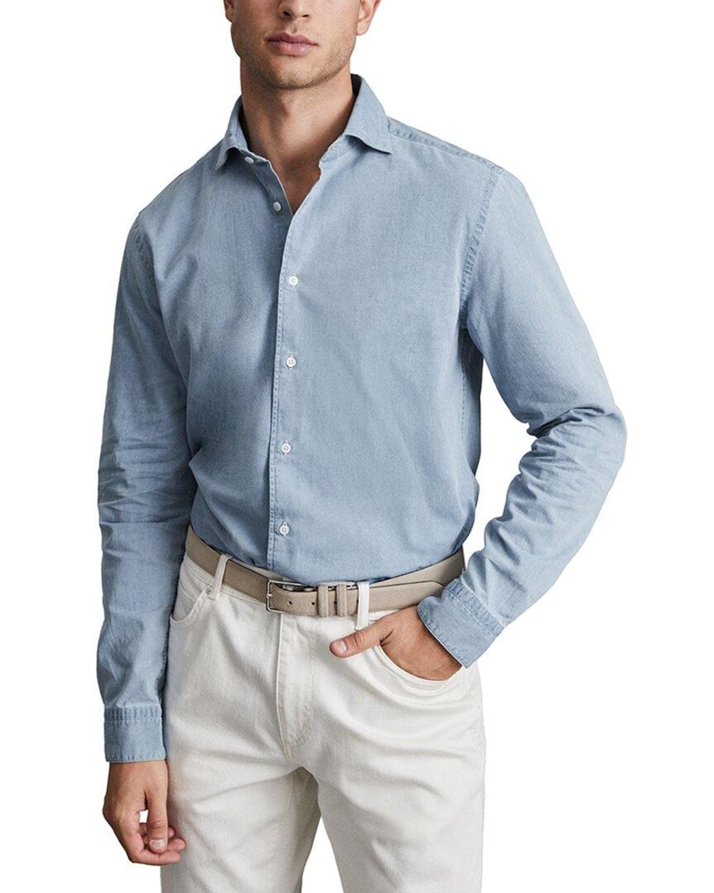 Reiss Blue Draper Washed Chambray Casual Shirt for men