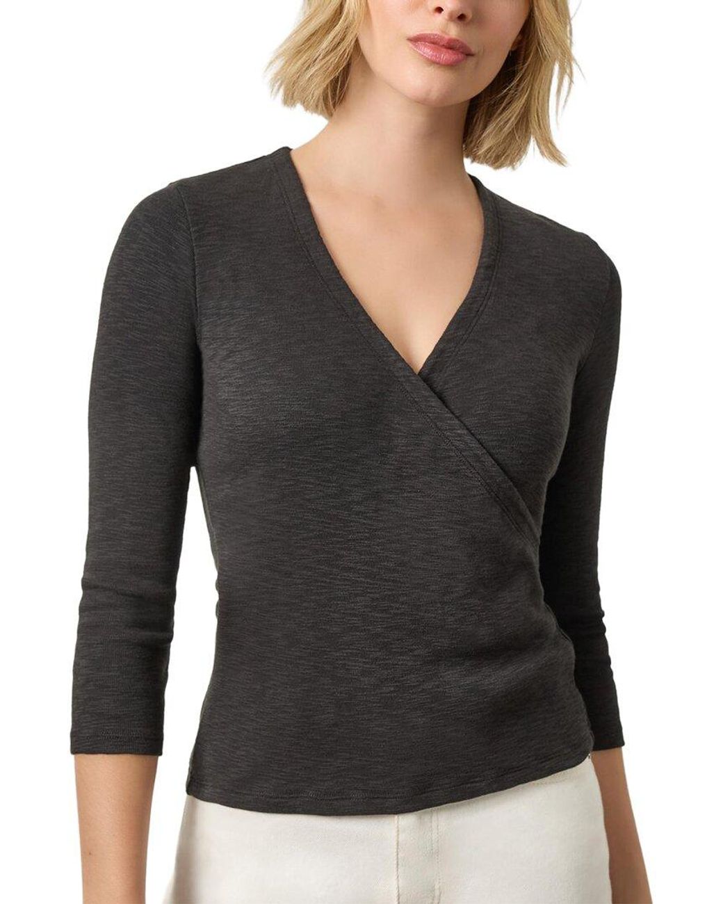 Lilla P Black Ribbed Slub 3/4 Sleeve Surplice