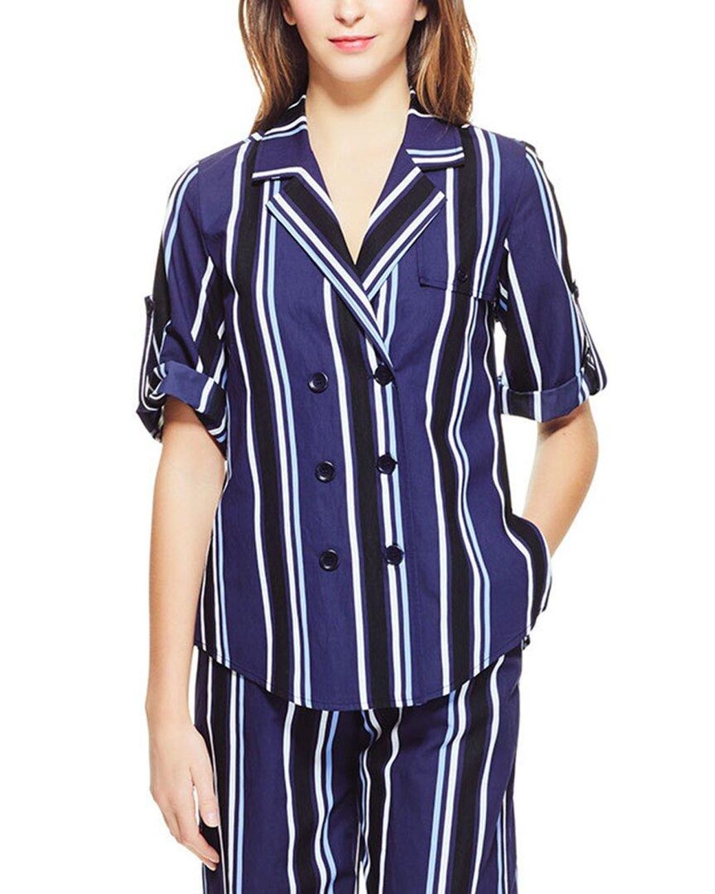 PEARL BY LELA ROSE Blue Striped Camp Shirt