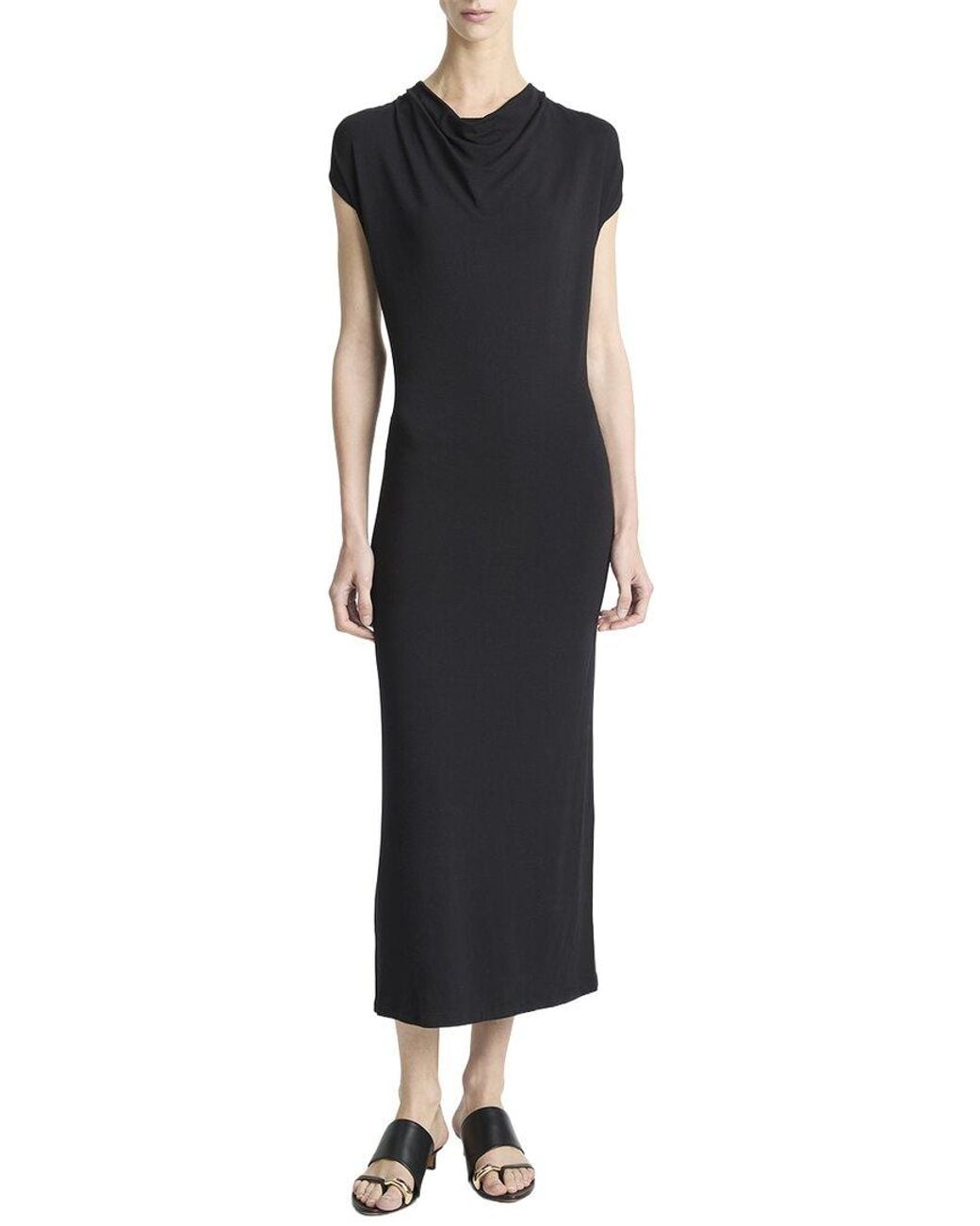 Vince Black Cap Sleeve Draped Cowl Neck Dress
