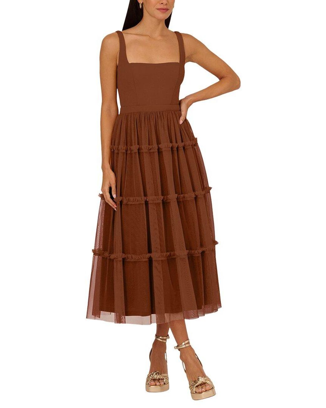 ADRIANNA EVE Brown Solid Midi Dress