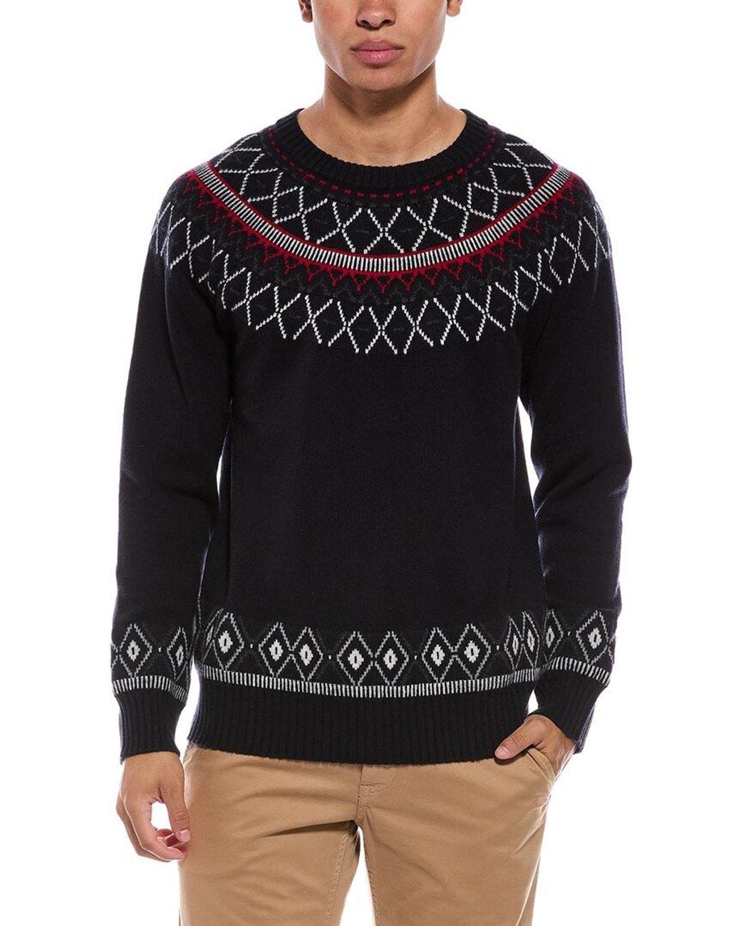 N.Peal Cashmere Black Fairisle 100% Cashmere Crewneck Sweater for men