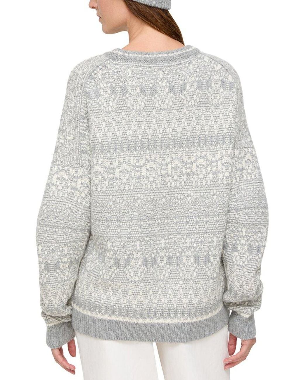 Lafayette 148 New York Gray Rounded Sleeve Fair Isle Wool & Cashmere-blend Sweater