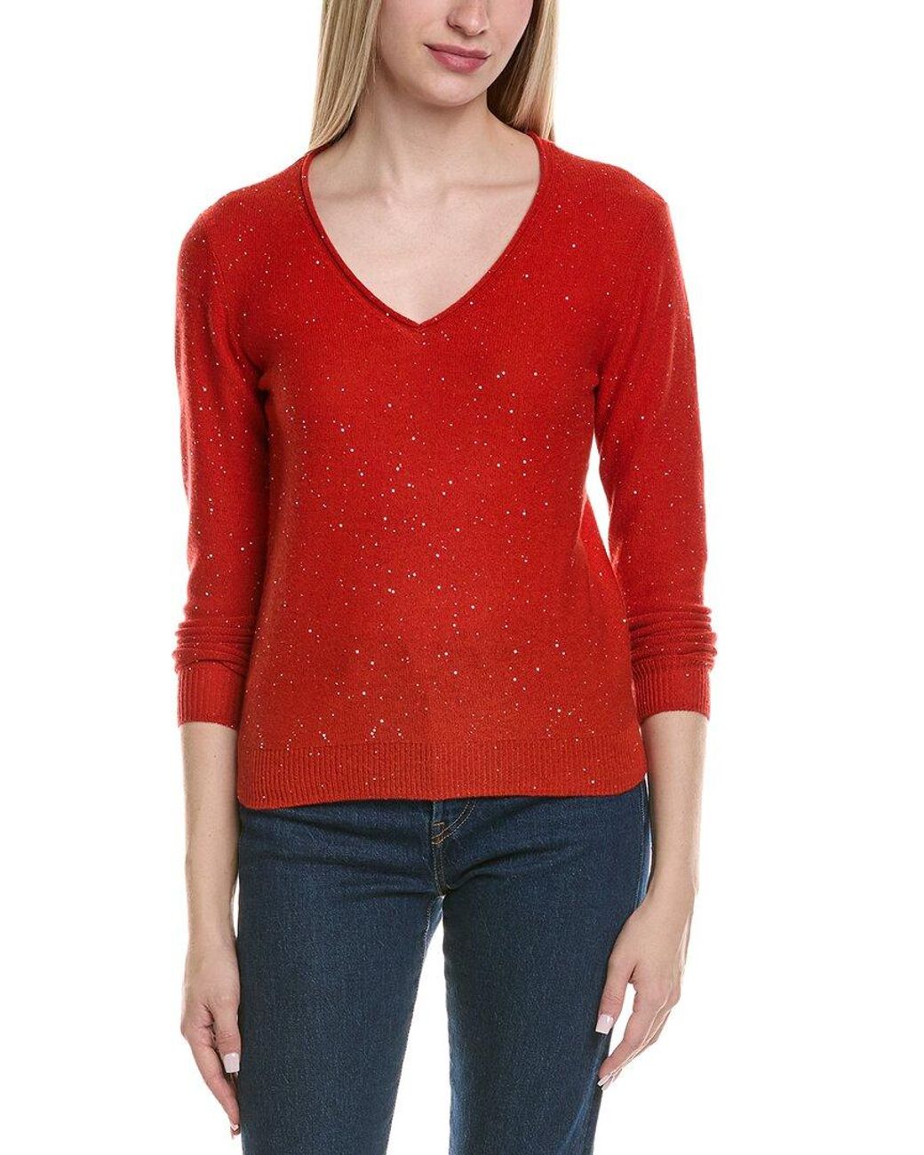 Sofiacashmere Red Sequin Deep V Wool & Cashmere-Blend Sweater